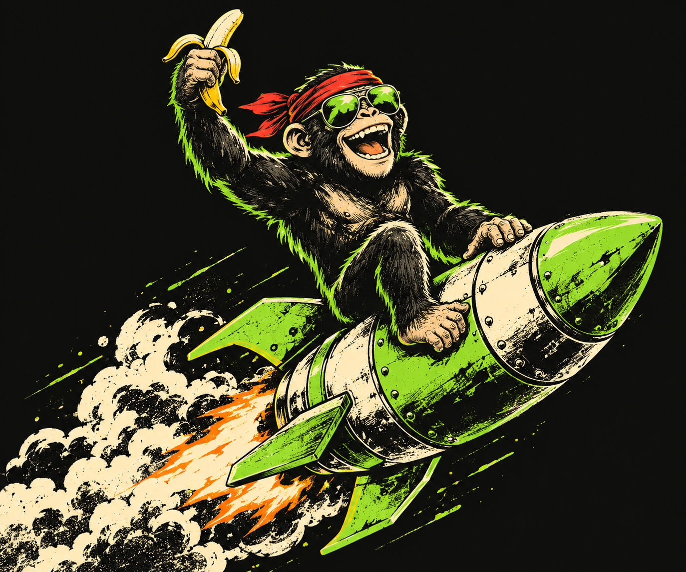 An exuberant ape in sunglasses and a red bandana rides a rocket, raising a banana.